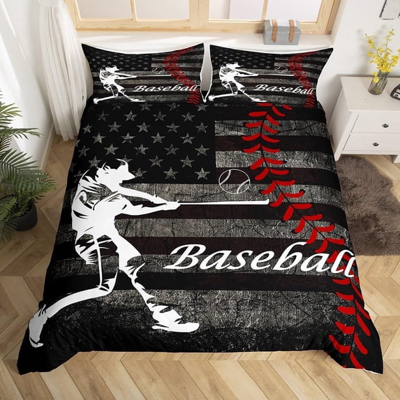 Boys Baseball Bedding Set Vintage American Flag Duvet Cover for Adult Girls Kids Ball Games Sports Theme Comforter Cover Retro USA Flag Print Bedding Grunge Stripes Star Decor