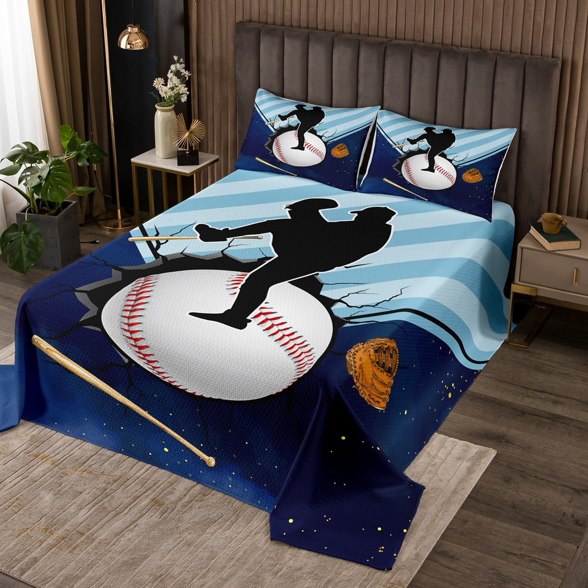 Boys Baseball Bedspread Set Twin For Youth Teens Bedroom Decor, Sports