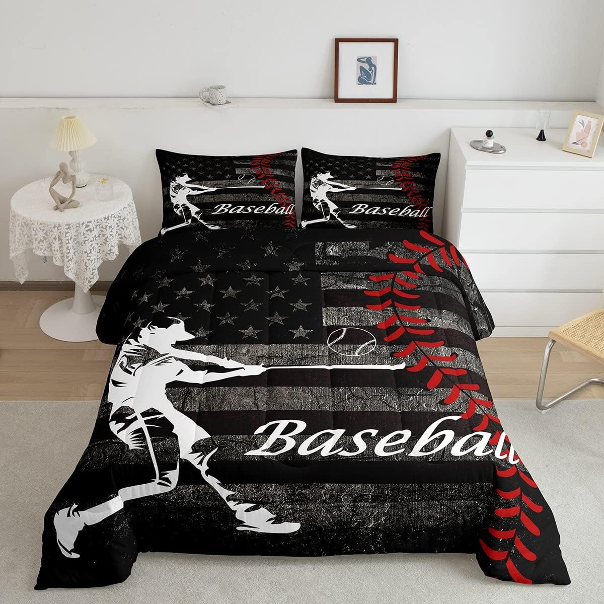 Boys Baseball Comforter Set Vintage American Flag Bedding Full Size for
