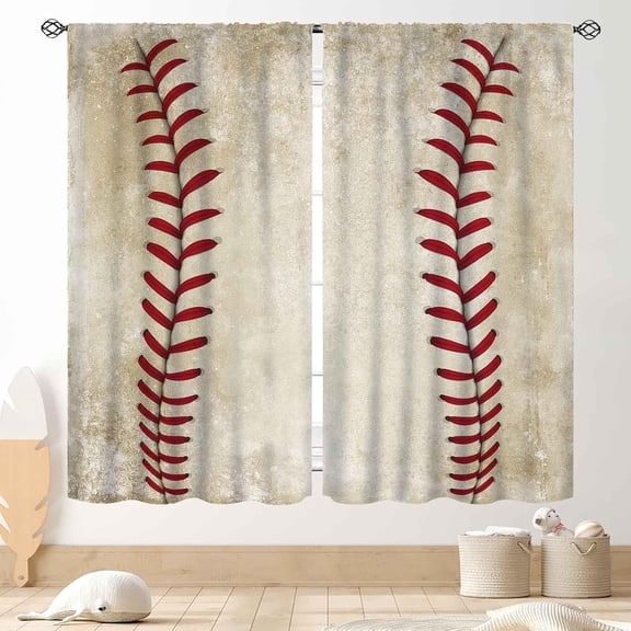 Boys Baseball Curtains, Kids Sport Retro Vintage Baseball Texture Art Printed Cool Ball Gaming Rod Pocket Window Drapery Treatments for Teen Man Baby Room Bedroom Living Room Nursery, 84"x84" Inch