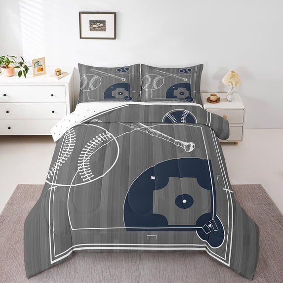 Baseball Twin Comforter Set Sports Theme Bedding Set, Ball Gamer Bedding Comforter Sets Polka Dots Printed Reversible Duvet Set, Grey Quilted Comforter