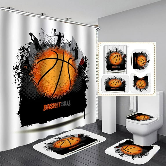 Boys Basketball Bathroom Set White Shower Curtain set and Rugs with Accessories 16-Piece 3D Printed Stars Orange Black Sets 12 Hooks, Basketball-2