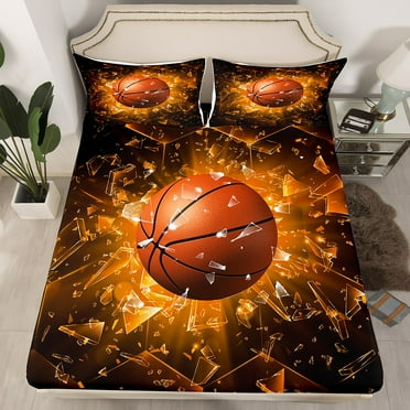 Basketball Bed Sheets Full Size 3D Orange Basketball Print Bedding Set for Teens Men,Geometry Hexagon Honeycomb Fitted Sheet Sports Games Sheets Abstract Geometric Room Decor 3Pcs