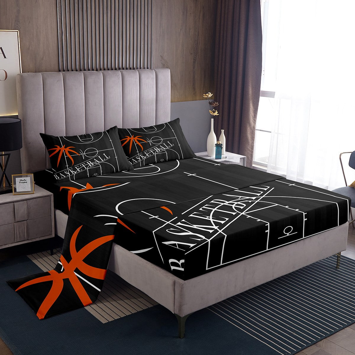 Boys Basketball Bed Sheets Set for Kids Teens Sports Theme King Size Sheet Sets, Black White