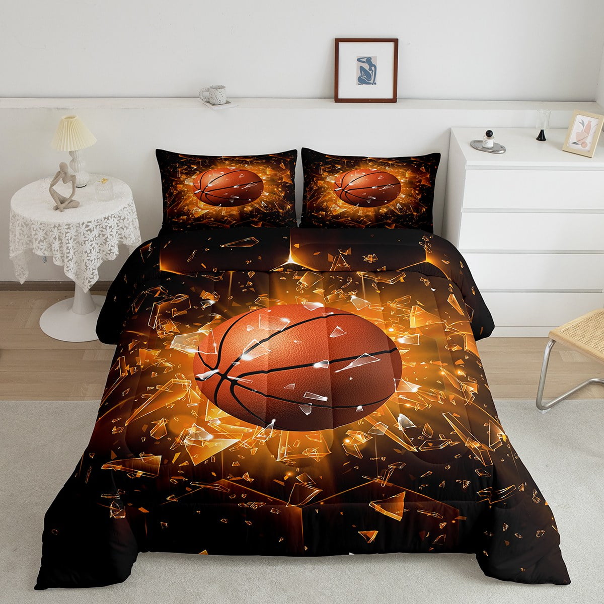 Boys Basketball Bedding Comforter Sets Twin Size 3D Orange Basketball