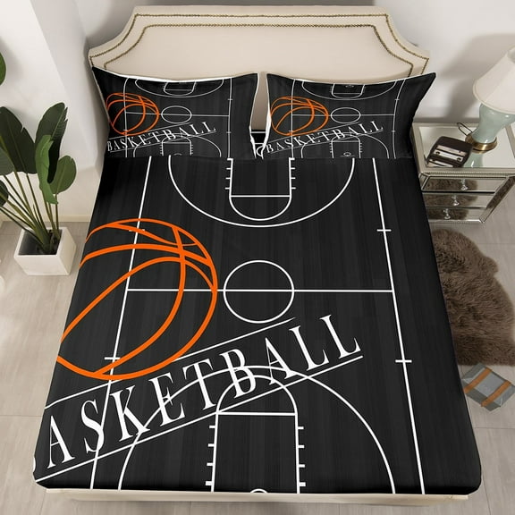 Basketball Bedding Queen Size Sports Theme Bed Sheets, Ball Gamer Fitted Sheet Basketball Printed Bed Set, Black Sheet (Deep Pocket) (No Top Sheet)