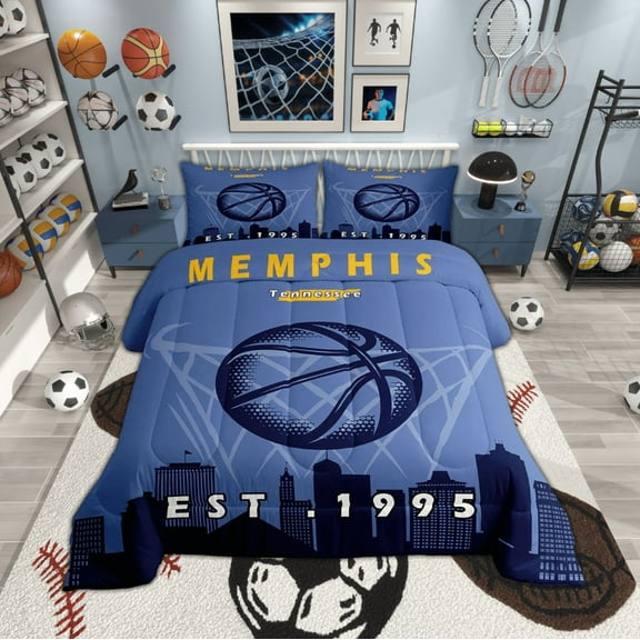Basketball Comforter Twin, Bedding Set for Team,Sports Theme Quilt,Ball Game Down Comforter with 1 Pillowcase Bedroom Decor,Memphis