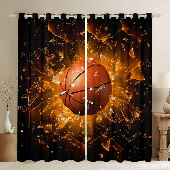 Basketball Curtains 42"x63" Set of 2 Panels 3D Orange Basketball Print Window Curtains & Drapes Geometry Hexagon Honeycomb Blackout Curtains Sports Games Window Treatments Geometric Room Decor