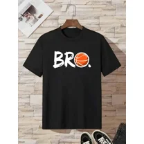 Boys' Basketball Graphic T-Shirt - Bold BRO Letters & Basketball Design, Loose Fit Round Neck, Machine Washable Summer Sports Tee for Outdoor Activities, Casual Wear - Ages 3