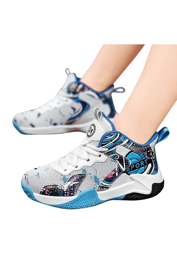 Boys Basketball Shoes Kids Mesh Sneakers Trendy Print Nonslip Tennis Althetic Shoes Casual Lightweight Trainers Shoes Blue 4 Big Kid