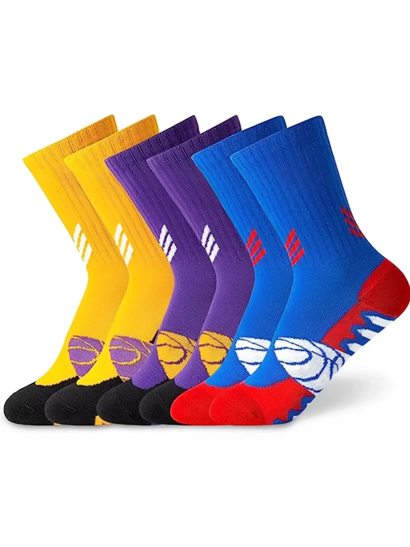 Boys Basketball Socks 3 Pairs Athletic Outdoor Sports Soccer Hiking Training Long Socks,Multicolor