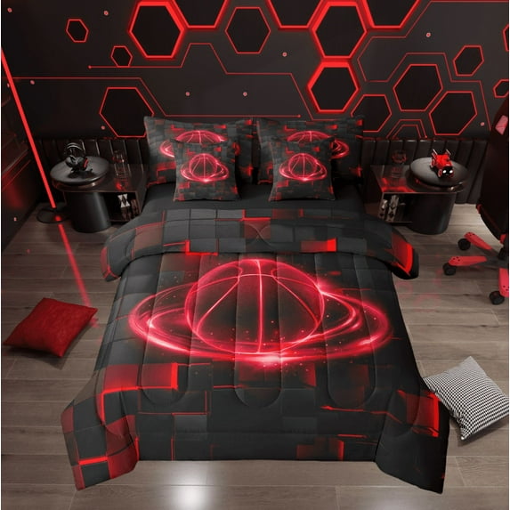 Erosebridal Basketball 7 Piece Comforter Sets Twin - Ball Sports Bedding All Season Includes Comforter for Kids Boys, Basketball Bed Set Super Soft Black Reversible