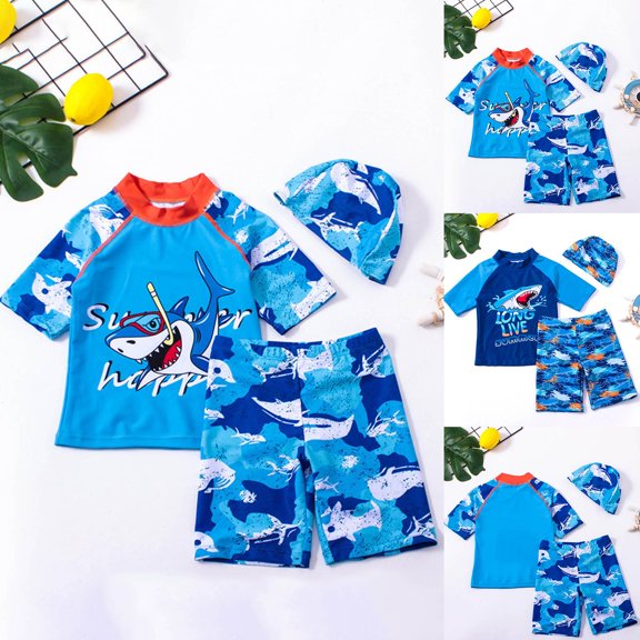 Boys Bathing Suit Beachwear Boys Three Piece Short Sleeve Rash Guard Swim Trunks Lightweight Sun Safe Outfit for Toddler Seaside Vacation Swimming Trips Blue 2XL