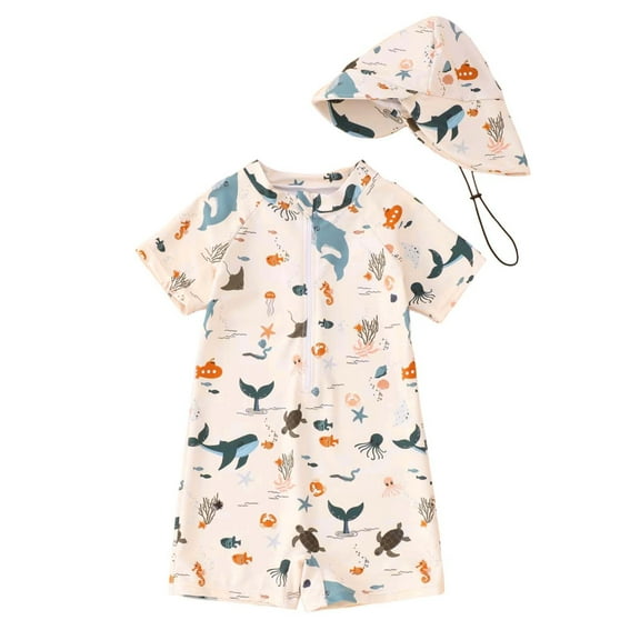 Boys Bathing Suit Toddler Baby Boys Whale Dinosaur Print One Piece Swimsuit with Rash Guard Hat Breathable Quick Dry Upf 50  Bathing Suits for Teens Blue 1 Years-2 Years