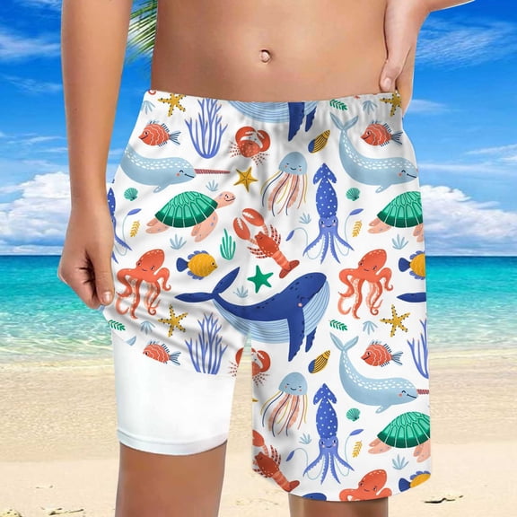 Boys' Beach Creature Print Swim Shorts With Drawstring High Waisted Loose Fit Casual Trousers Dark Blue 5 Y-6 Y