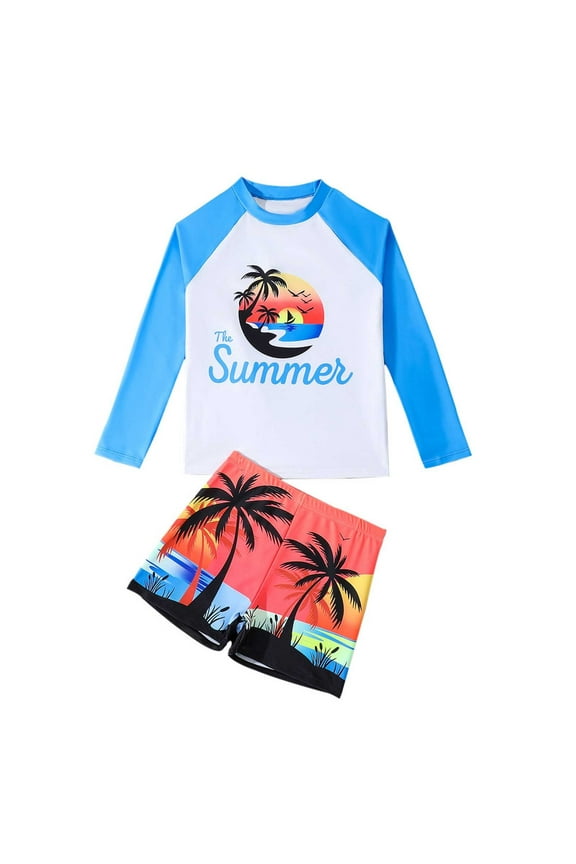 Boys Beach Style Two Piece Swimsuit Set Summer Coconut Tree Print Long Sleeve Top Swim Shorts Quick Dry Upf for Surfing Blue 11 Years-12 Years