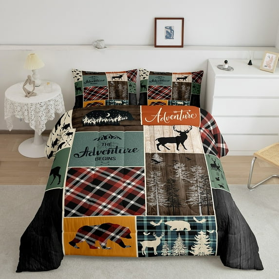 Boys Bear Deer Comforter Set, Rustic Farmhouse Bedding Cabin Lodge Decor, Adventure Camping Tree Bedding Comforter Sets Vintage Checkered Plaid Patchwork Duvet Insert For Kids Teens Adult Men, Queen