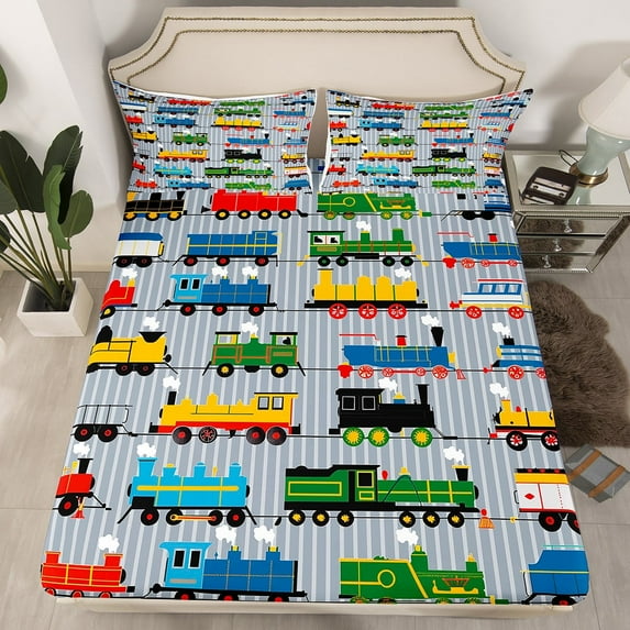 Bed Sheets Full Size Train Fitted Sheet,Colorful Steam Engine Truck Bedding Set Train Transportation Sheets 3Pcs,Gray,Blue,Red,Yellow(No Top Sheet)