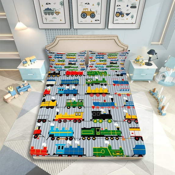 Boys Bed Sheets Set Twin Size Train Sheet Set,Colorful Steam Engine Truck Bedding Set For Kids Girls Toddler Train Transportation Sheets 3Pcs,Gray,Blue,Red,Yellow