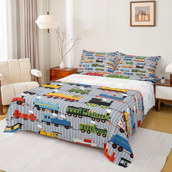 Boys Bed Sheets Set Twin Size Train Sheet Set,Colorful Steam Engine Truck Bedding Set For Kids Girls Toddler Train Transportation Sheets 3Pcs,Gray,Blue,Red,Yellow