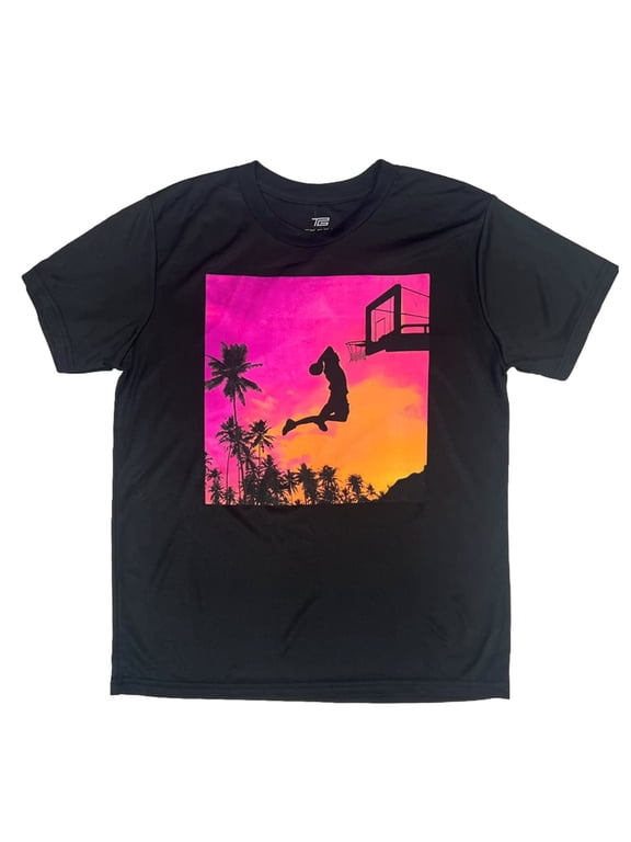 Boys Black Athletic Sunset Slam Dunk Basketball Short Sleeve T-Shirt X-Large