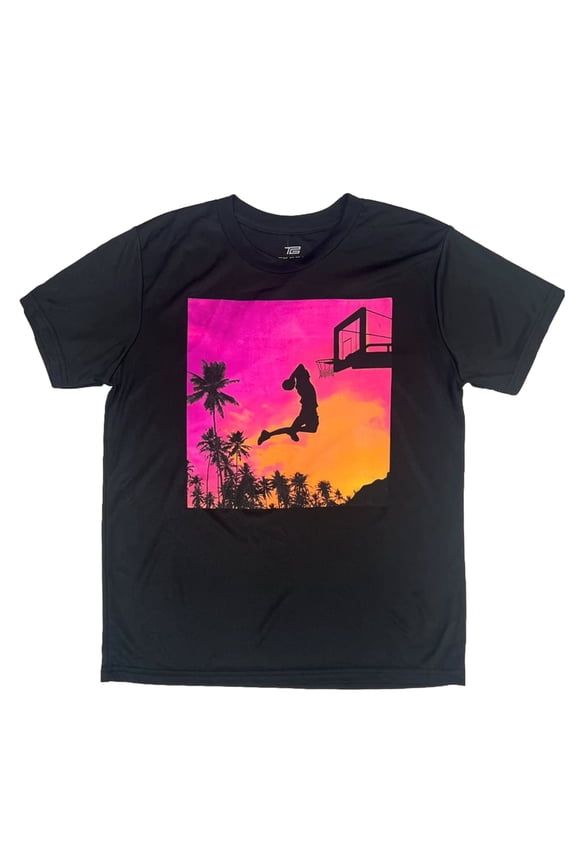 Boys Black Athletic Sunset Slam Dunk Basketball Short Sleeve T-Shirt X-Large