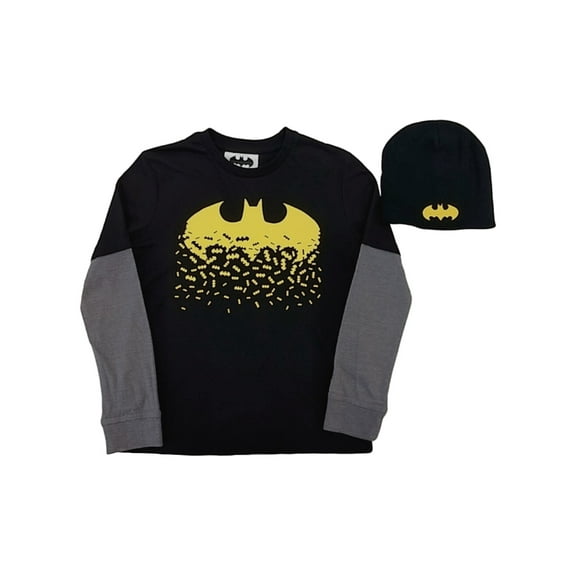Boys Black Batman Mini Bat Symbol Long Sleeve Shirt & Beanie Combo Set L 10-12
