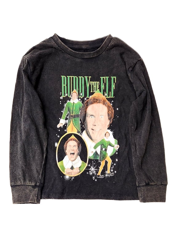 Boys Black Buddy The Elf Long Sleeve Christmas Tee Shirt T-Shirt Small 6-7