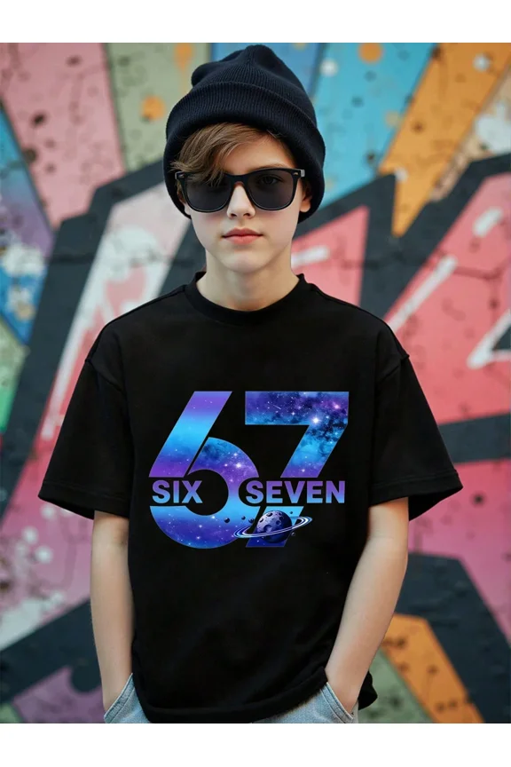 Boys Black Graphic T-Shirt Galaxy Space Number 67 Short Sleeve Crew Neck Top