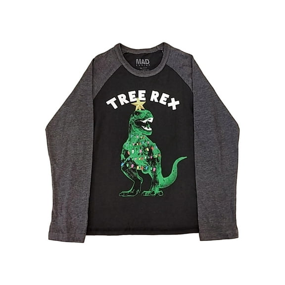 Boys Black & Gray Dinosaur Tree Rex Long Sleeve Christmas Holiday Shirt X-Large