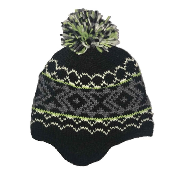 Boys Black Gray & Green Beanie With Pom Winter Trapper Hat