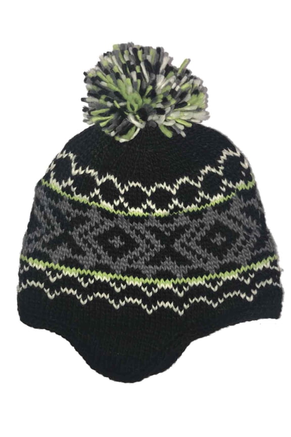 Boys Black Gray & Green Beanie With Pom Winter Trapper Hat
