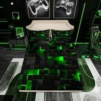 Boys Black Green Bed Sheets Twin Teen Geometric Check Grid Sheet Set For Kids,Men Stereoscopic Abstract Square Bedding Sheets Neon Plaid Fitted Sheet   Flat Sheet   1 Pillow Case