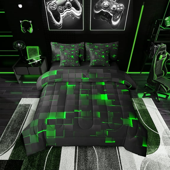 Black Green Comforter Set 7 Piece Full Geometric Check Grid Bedding Set Teen Men Stereoscopic Abstract Square Bed in a bag Neon Gradient Plaid Bed Set Reversible Black
