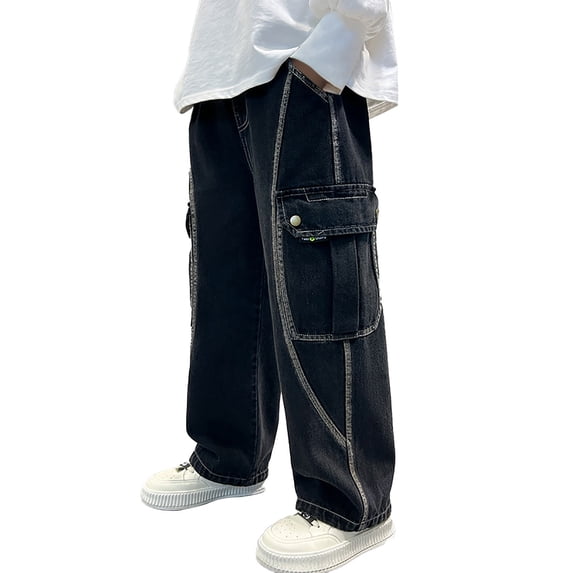 Boys' Black Loose Fit Denim Overalls with Wide Leg and Cargo Pockets for Spring and All Seasons Casual Wear