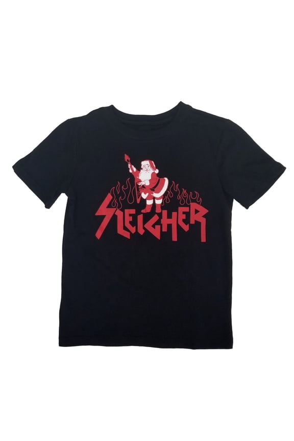 Boys Black Santa Claus Sleigher Heavy Metal Holiday Graphic Tee T-Shirt Small