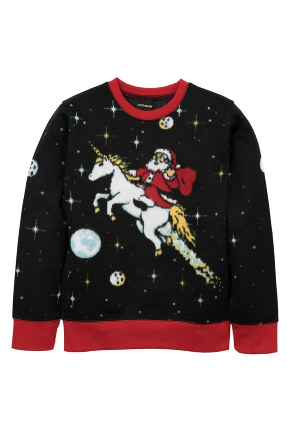 Boys Black Santa Riding A Unicorn Ugly Christmas Sweater Outer Space Top XS