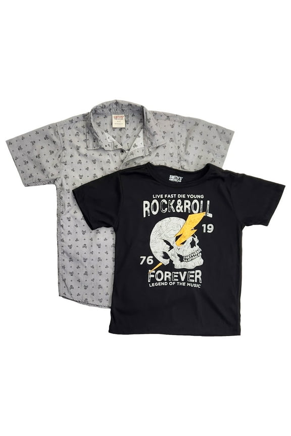 Boys Black Short Sleeve Rock & Roll 2 Piece T-Shirt & Button Up Shirt Large 7