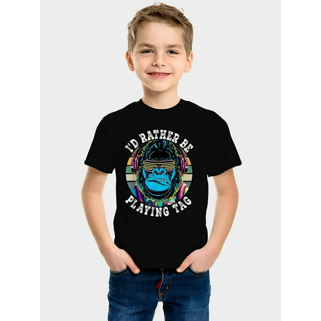 Boys' Black T-Shirt - Fun Cartoon Gorilla Design with "I'd Rather Be Playing TAG" Graphic, Breathable Short Sleeve Crew Neck Tee for, Perfect for Casual Playtime, Spring Summer Tee | Vibrant Shirt |