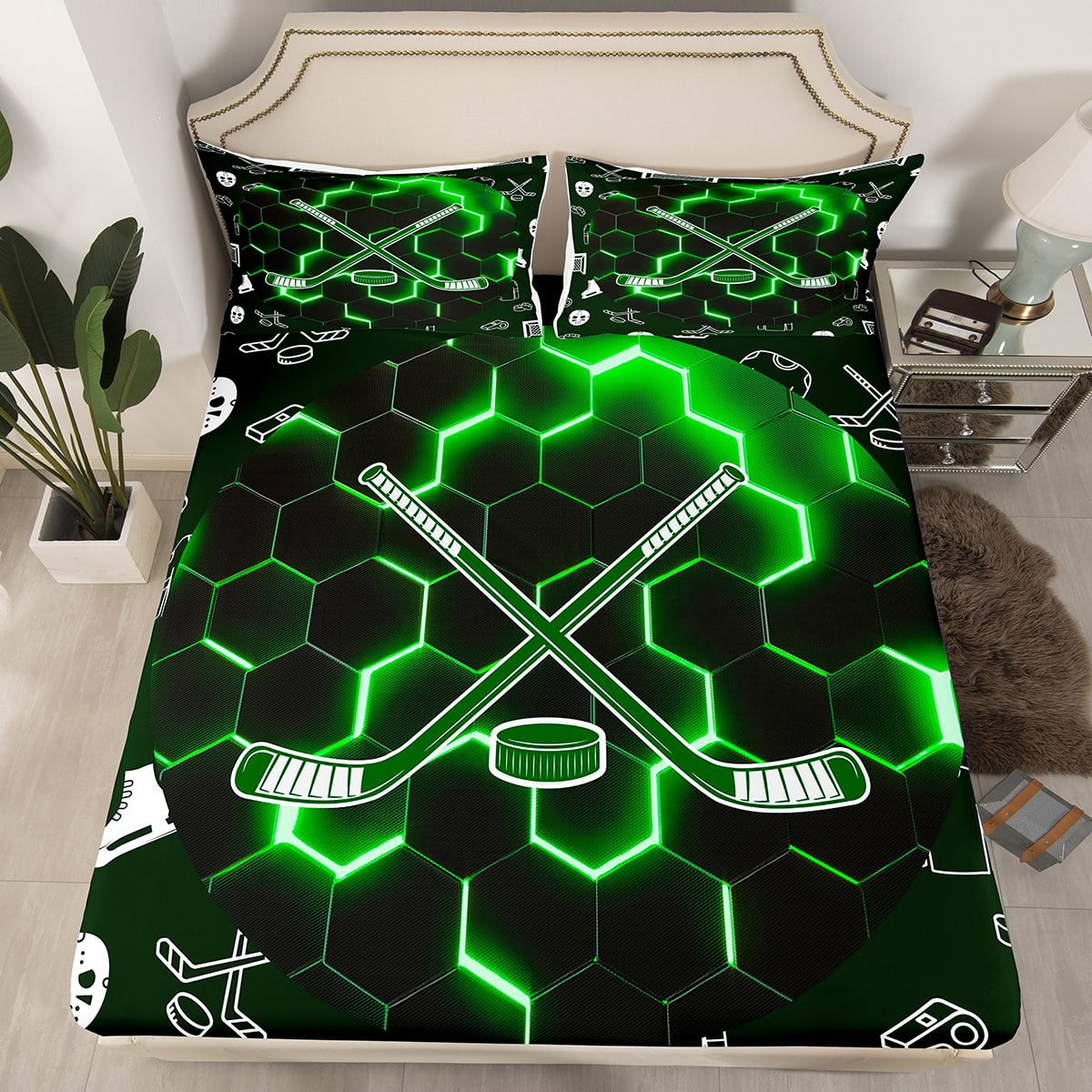 Boys Black White Green Neon Fitted Sheet Twin Size Sports Ice Hockey