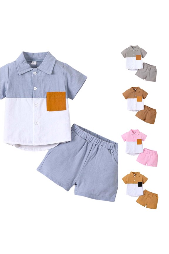Boys' Blend Short Sleeve Shirt Set Casual Summer Two Piece Outfit with Collar & Solid Colors Suspender Pant Set Toddler 6t Boys Track Suit Baby Set Boy Tracksuit Jacket Pant Set Baby Boy 6