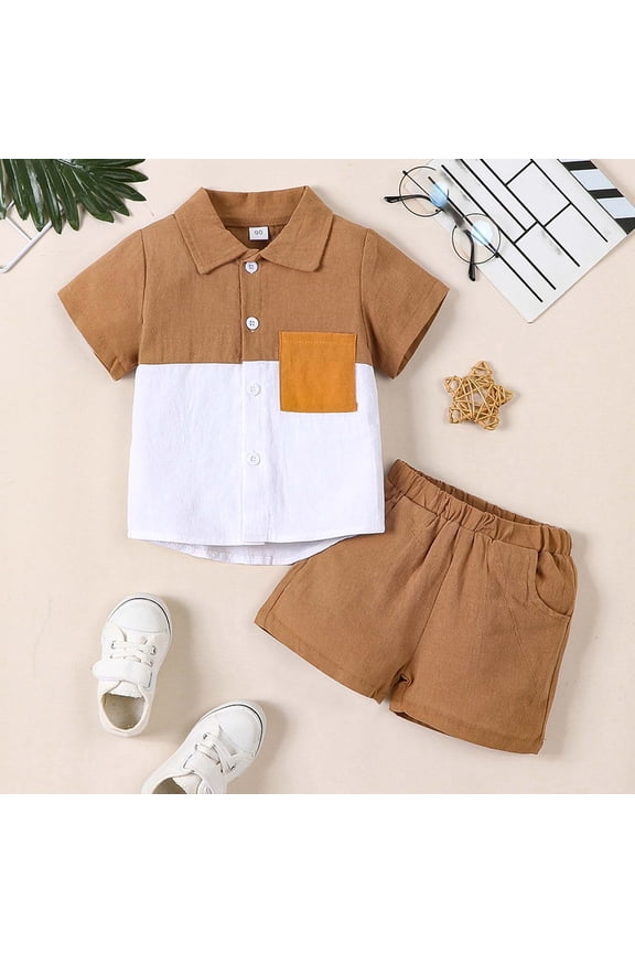 Boys' Blend Short Sleeve Shirt Set Casual Summer Two Piece Outfit with Collar Solid Colors Khaki 5-6 Years