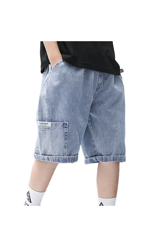 Boys Blue Denim Cargo Shorts, 100% Cotton Relaxed Fit Cuffed Hem with Functional Pockets for Kids & Big Boys 3-15 Years, Durable Casual Summer Kids Shorts,Size 13-14T