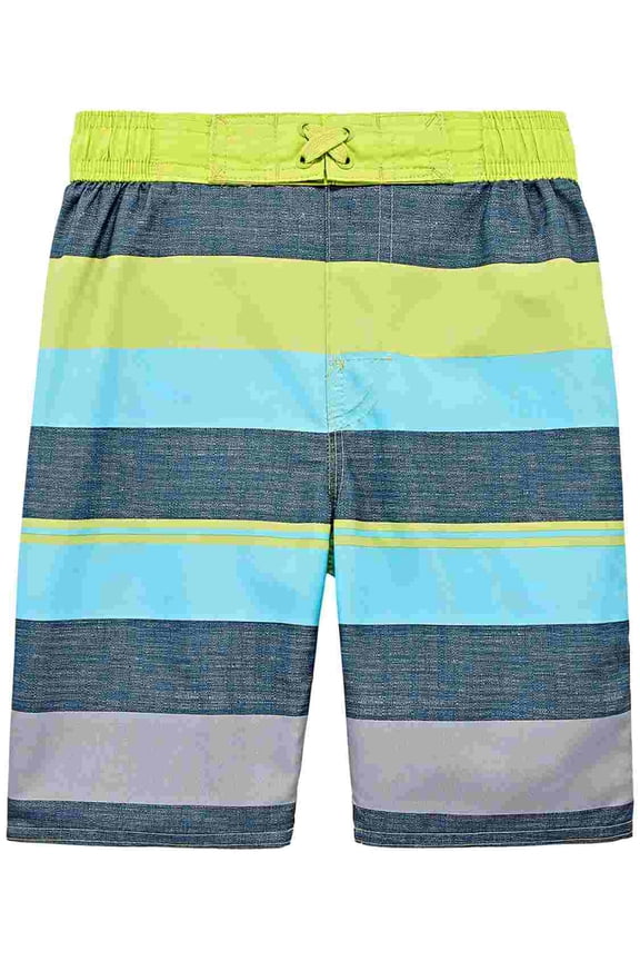 Boys Blue Gray & Green Stripes Swim Trunk Board Shorts XX-Small (4-5)