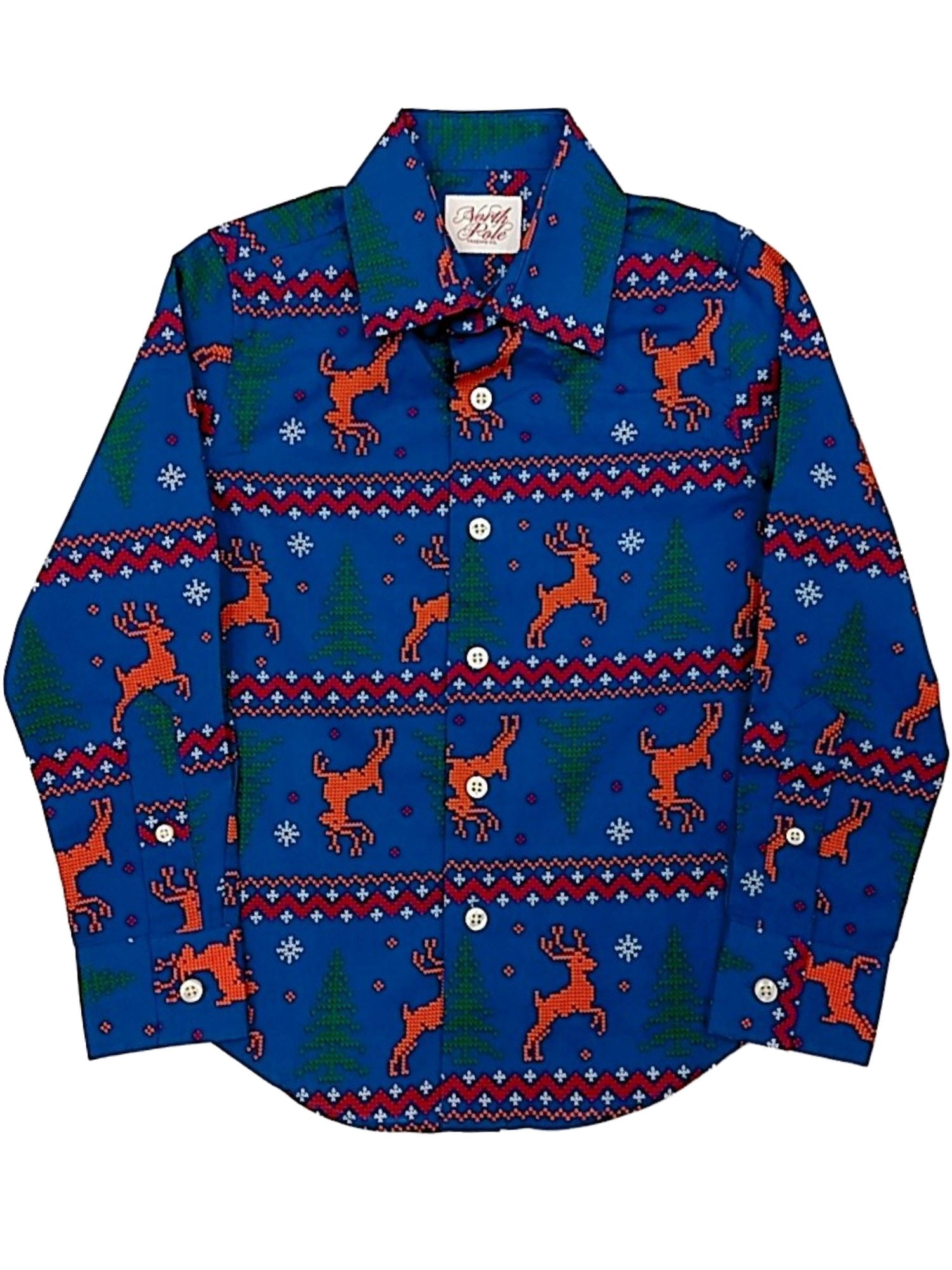 Boys Blue Long Sleeve Button Front Reindeer Holiday Dress Shirt Large