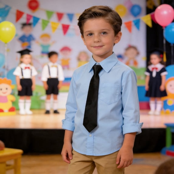 Boys' Blue Long Sleeve Dress Shirts Formal for Kids School Uniform Collared Button Down Shirt and Tie Set 2T