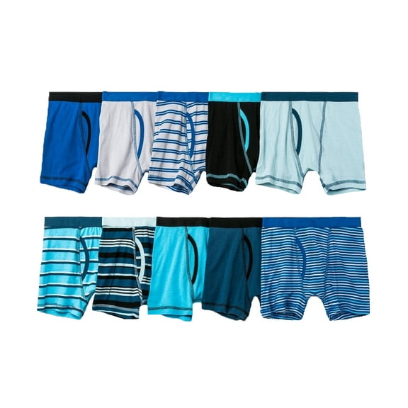 Boys' Blue Striped 10 Pack Cotton Boxer Briefs - XS