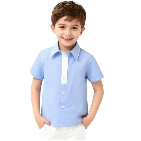 Boys' Blue & White Contrast Collar Short Sleeve Button Down Shirt - 100% Cotton Casual Dress Shirt for Kids Little Big Boy,Size 5-6 T