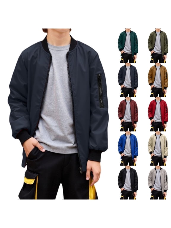 Boys Bomber Flight Jacket, Kids Zip Up Lightweight Windproof Outerwear Ribbed Collar Casual Fall Winter Coat for Boys School Daily Outdoor Activities(Dark Blue,12-15 Years)