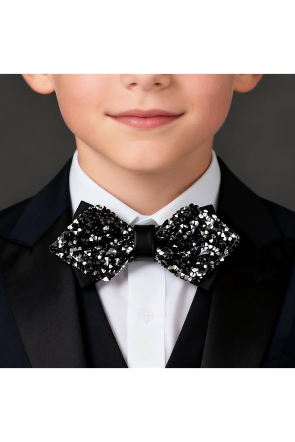 Boys' Bow Tie for Ages 5-10, Crystal Encrusted Leather Bow Tie for Kids, Formal Bow Tie for Wedding, Party, Hosting, and Suit Accessories Black